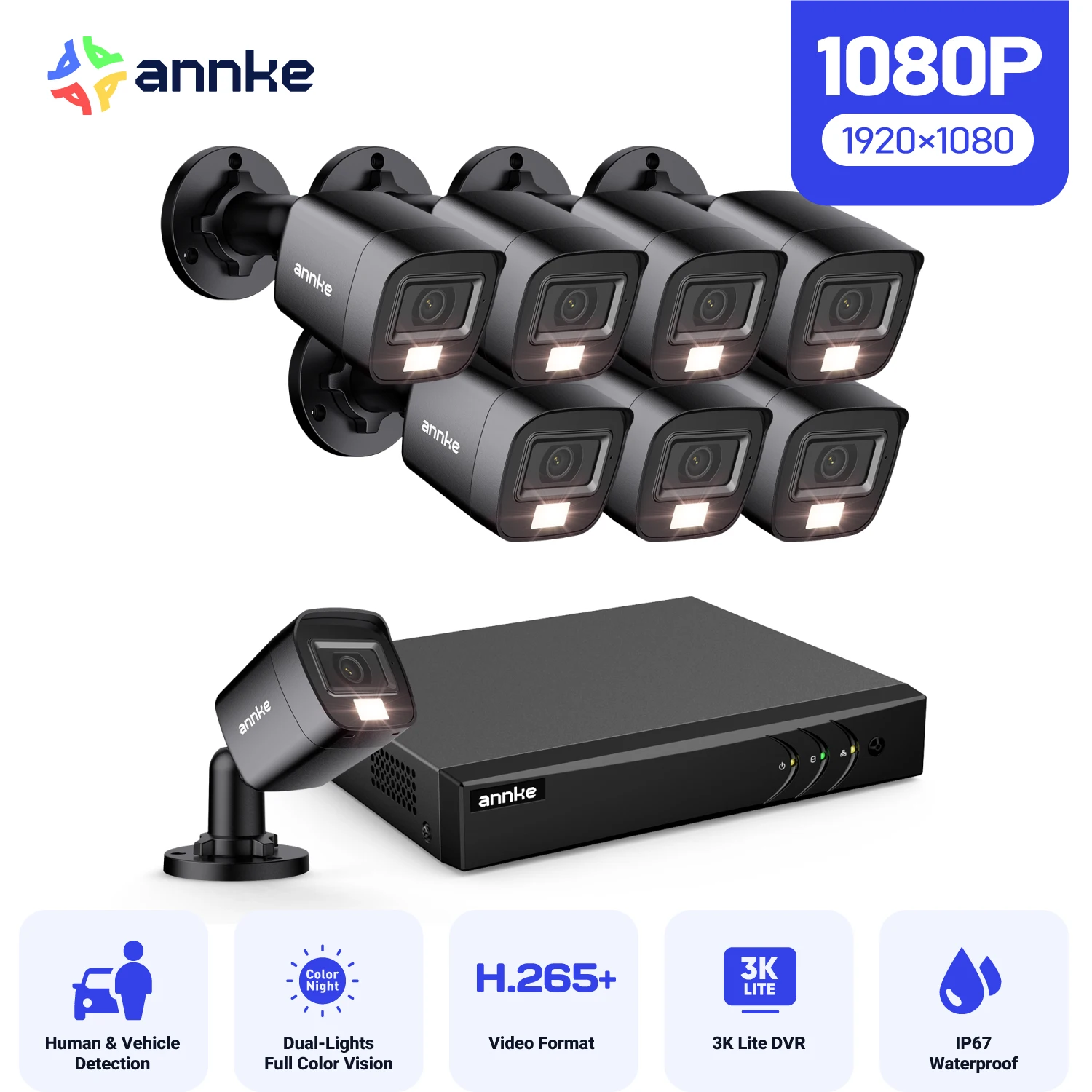 

ANNKE 1080P Dual-lights Outdoor Surveillance Camera System 8PCS Human Car Detection IP67 8CH DVR Home CCTV Surveillance Cameras