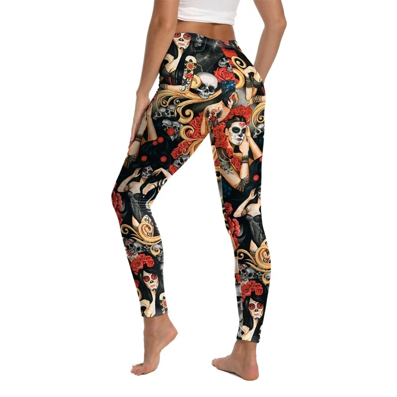 Halloween Day of The Dead Skull Rose 3D Print Pattern Sexy Skinny Leggins Fitness Workout Leggings for Women Trouser Female