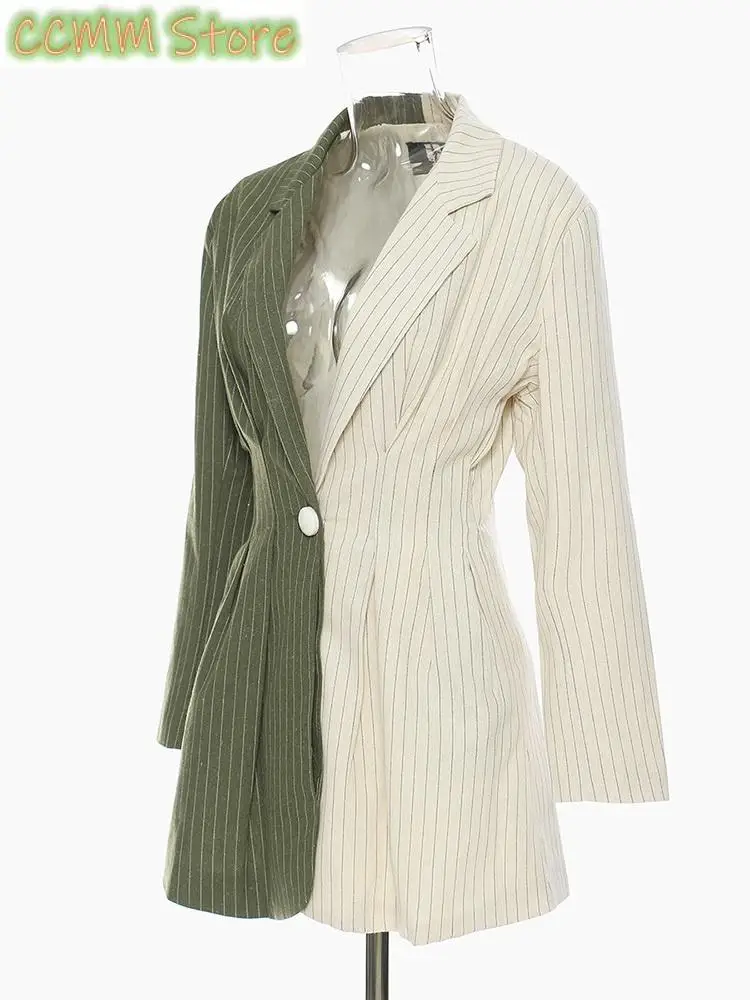 Women Green  Striped Color-block Big Size Blazer New Lapel Long Sleeve Loose Jacket Fashion Spring Autumn