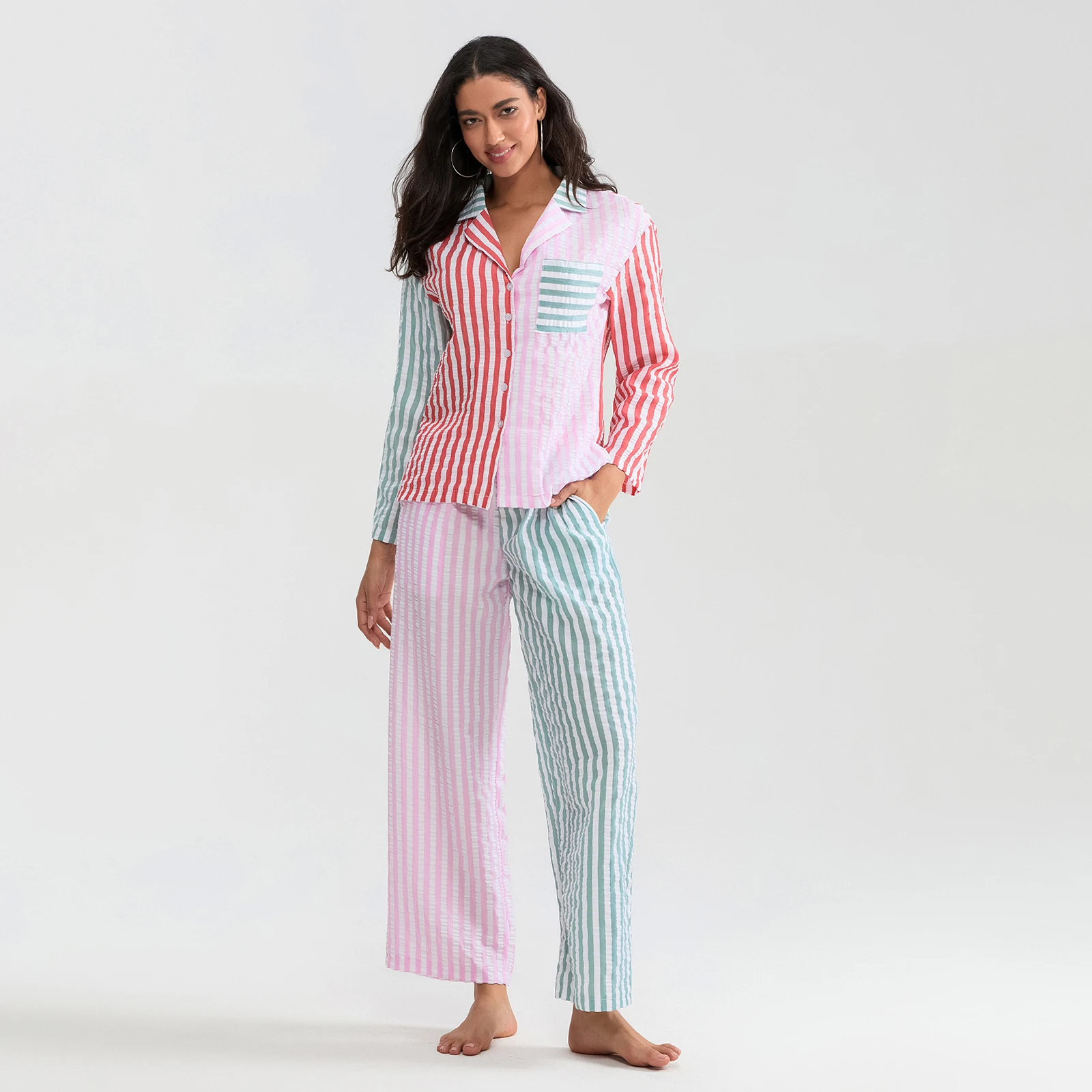 HEZIOWYUN Women\'s 2Piece Y2K Striped Contrast Color Pajama Set Long Sleeve Lapel Button Up Shirt + Elastic Waist Pants Sleepwear