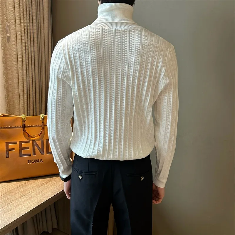 Solid Color Herringbone Turtleneck Sweater for Men Versatile Korean Style Casual Autumn and Winter Retro Knitted Sweater Top