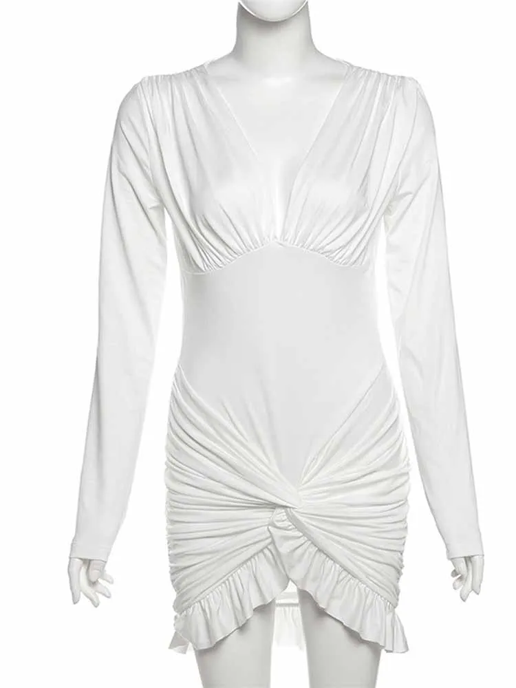 BKQU Elegante V-hals Ruches Mini Jurk Vrouwen Lange Mouw Cross Ruches Zoom Sexy Bodycon Nachtclub Jurken Klassieke Herfst Vestido