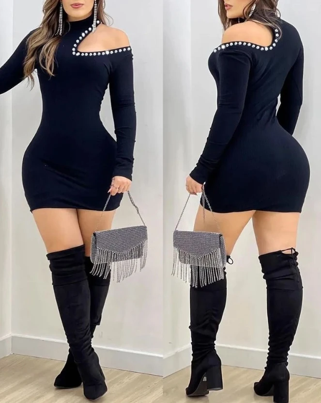 ชุดเดรสเข้ารูปแขนยาวสำหรับผู้หญิงชุดเดรสเปิดไหล่เครื่องประดับพลอยเทียมเซ็กซี่แฟชั่นสำหรับผู้หญิงชุดกระโปรงสั้น