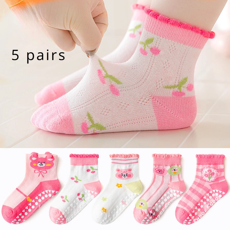 Five Pairs of Children\'s Cartoon Cute Fashion Non-slip Glue Boys and Girls Mesh Breathable Comfortable Socks