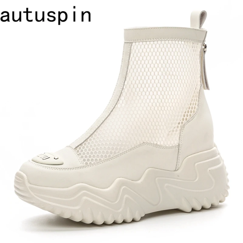 Autuspin Summer Fashion Short Boots Women Outdoor Mesh Patchwork Leather Ankle Boot 2024 High Top Platform Woman White Shoes