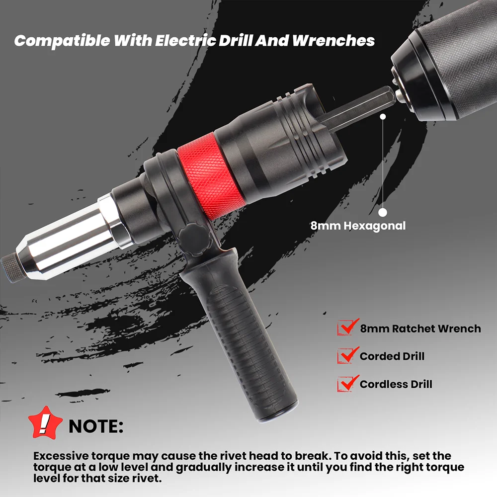 Nitownica,adapter elektrycznego pistoletu do nitowania,narzędzie do nitowania klasy przemysłowej 2,4mm-3,2mm-4,0mm-4,8mm-6,4mm z uchwytem, ​akumulatorowa wielofunkcyjna nitownica, odpowiednia do wiertarek elektrycznych