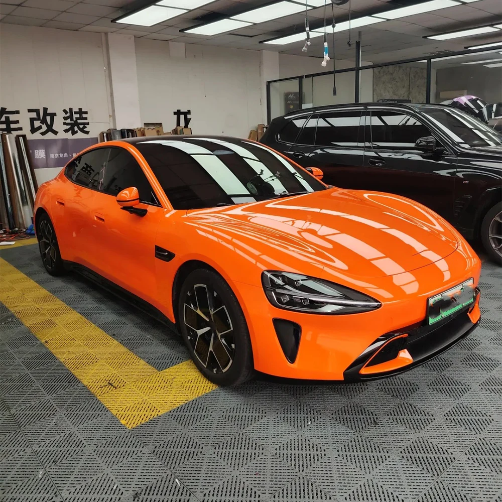 1.52*18M Car Wrapping Film Glossy Orange PET Car Sticker Vinyl Film Auto Decal Bubble Free Car Accessories Exterior Decoration
