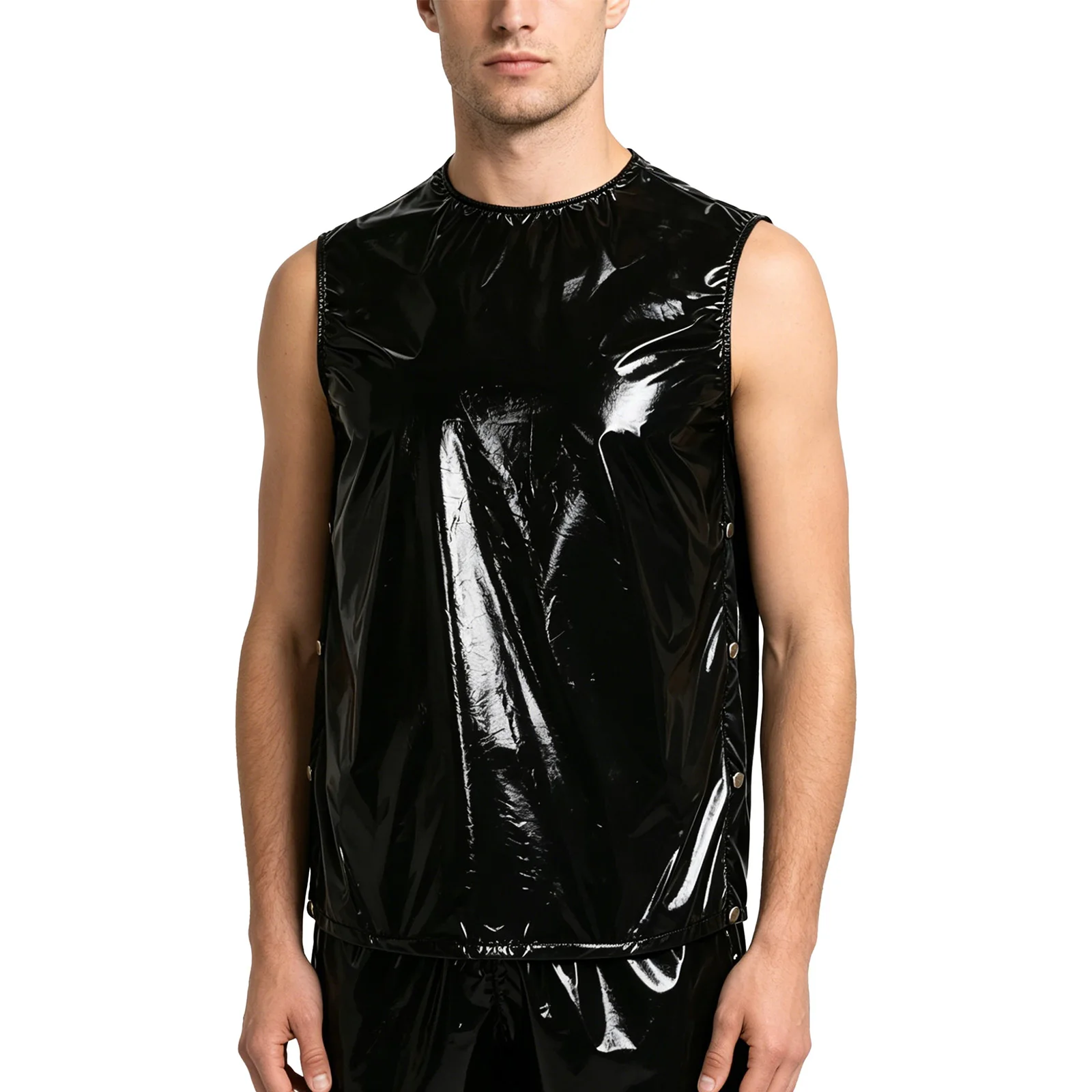 Mens Waterproof Wet Look PVC Tank Top Red Sleeveless Shiny Vest Vinyl Waterproof Reusable Tank Tops Side Buttons Rave Clubwear