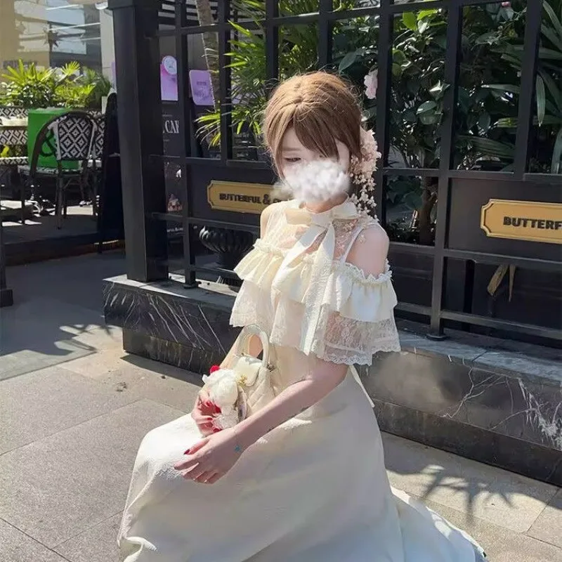 Vintage Japanese Sweet Retro Skinny Cloak Dress Summer New Long Dresses for Women White Moonlight Lace 2025 Women Clothing