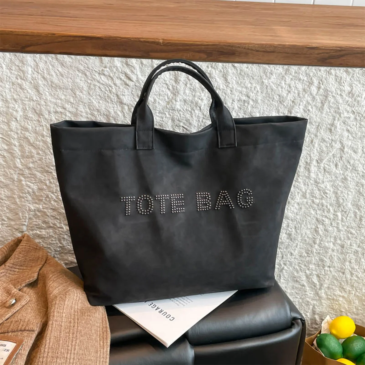 

Women's Suede Stud Letter Detail Lightweight PU Velcro Closure Large Capacity Tote Bag Easy Organize for Daily Commute Shopping