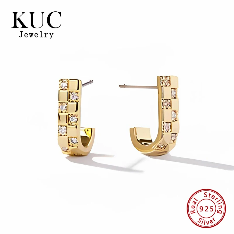 

Girls Fine Jewelry Light Luxury 925 Sterling Silver 18k Gold Plated Unique Block Textured Design Zircon Stud Earrings