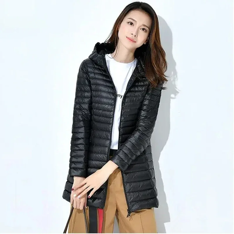 Women's Hooded Down Jackets Autumn/Winter 2023 New Solid Color Zipper Jacket Fashion Medium Length Female Casual Warm Coats