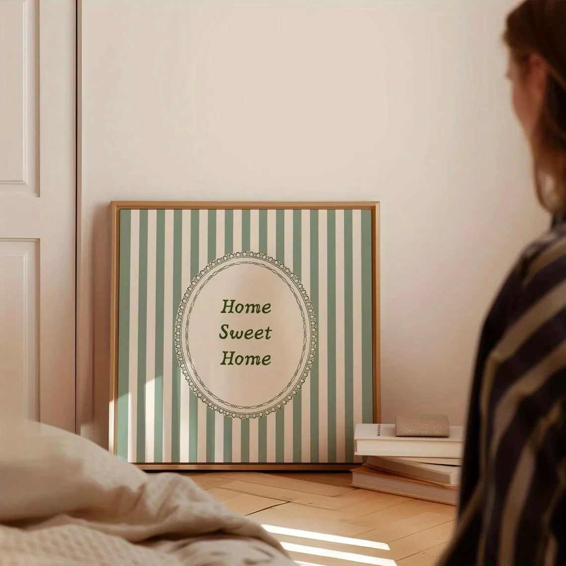 Modern,Retro Sweet Green Stripes Of Home Quote Wall Art Print Canvas Painting Poster Picture For Living Room,Bedroom Home Decor