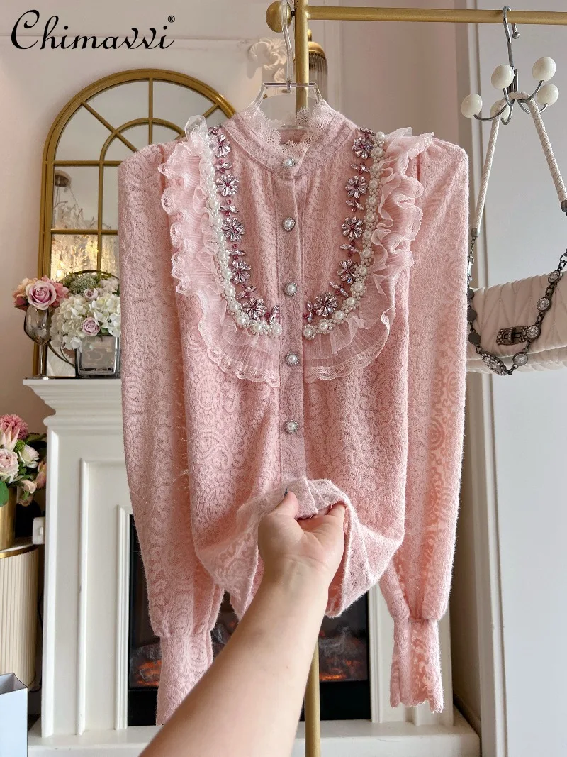 

Heavy Rhinestone Ruffled Lace Blouse Women Autumn Winter New Loose Long Sleeve Single-Breasted Elegant Sweet Girl Blouse Top