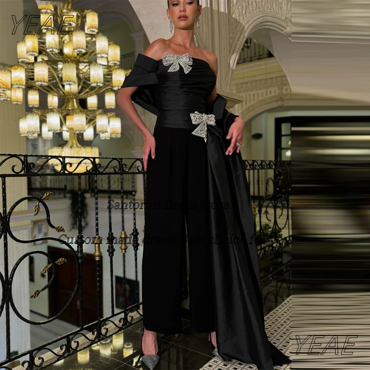 

Santorini Индивидуальные платья для выпускного вечера Vestidos De Gala Черные комбинезоны Вечерние платья до щиколотки с бантами Брючные костюмы без бретелек