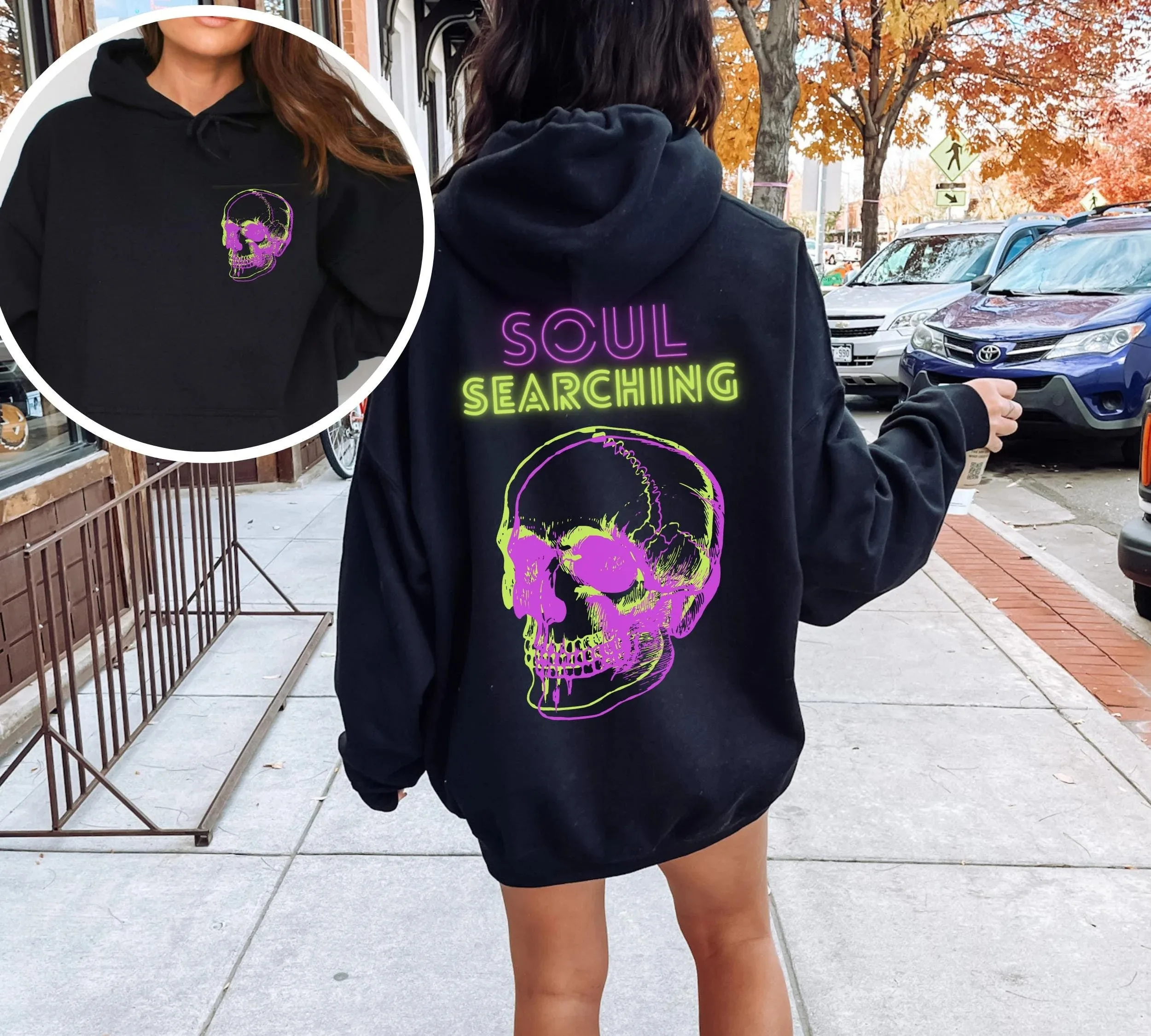 

Autumn and Winter "Neon Skull Soul Searching" Gothic - Trendy Cotton Hoodie, Stylish Edgy Sweatshirt