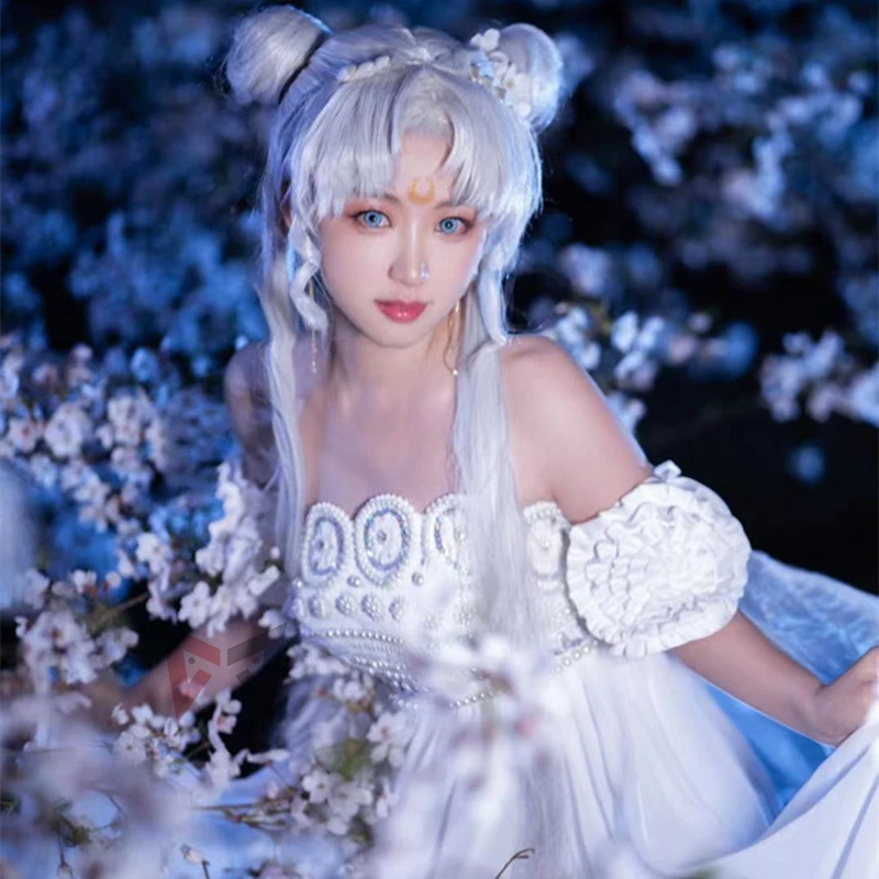 New Princess Cosplay Costume White Moon Dress Wings Bow Sleeves Set Custom Made For Christmas Halloween Game Party