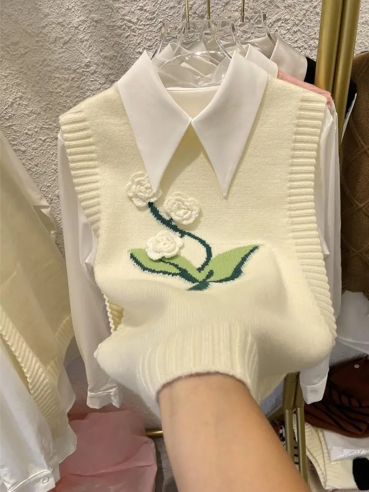 Oulecan Shoulder round Neck 3D Flower Knitted Sweater Women's Base Layer Vest Autumn Winter College Style Decorative Patchwork