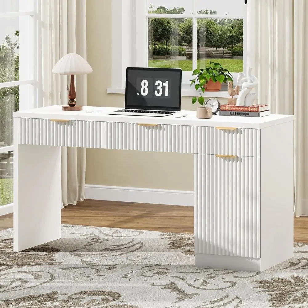 

60 Executive Desk with Storage Cabinet, Reversible Writing Desk for Home Office, Living Room, White