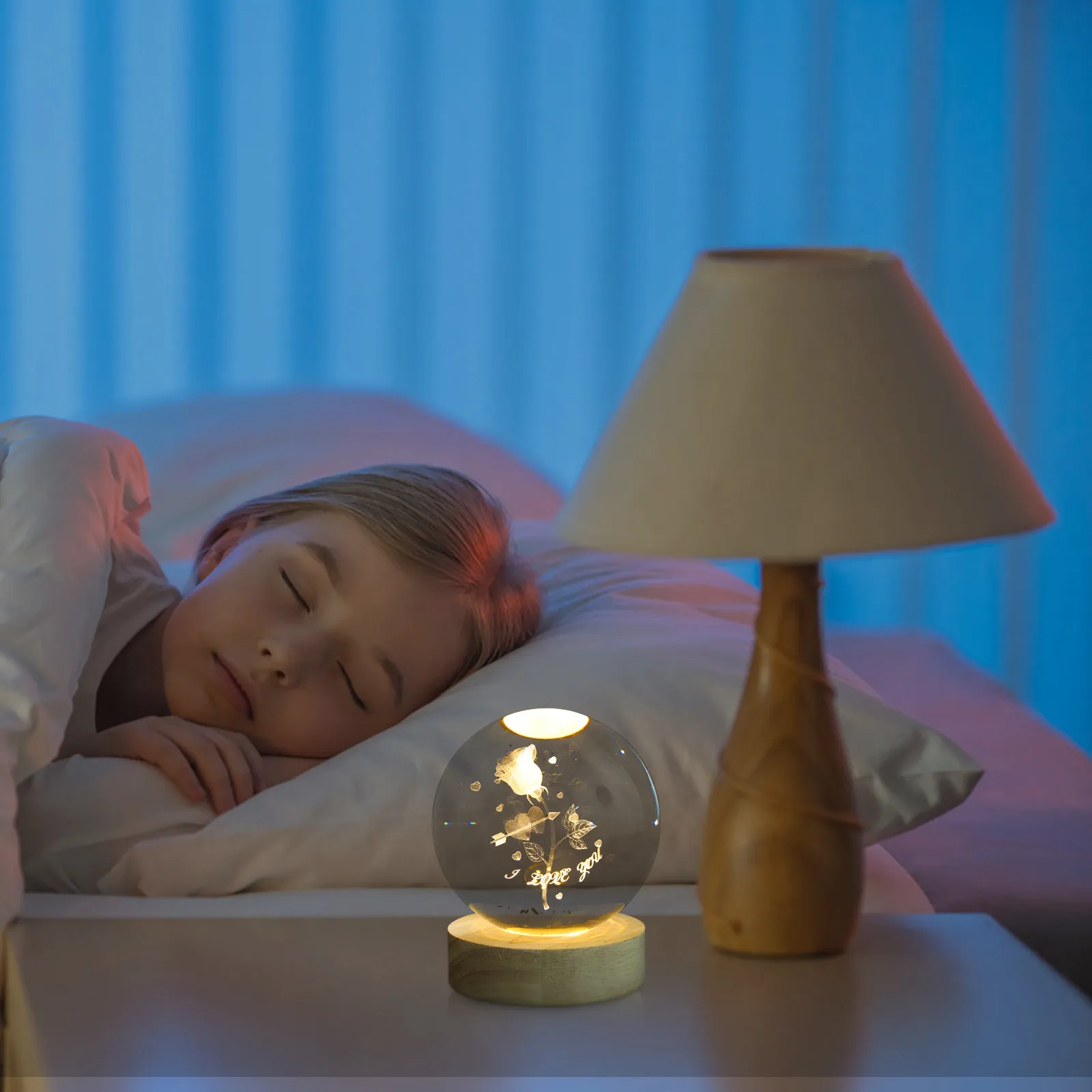 Crystal Ball Night Lamp Featuring 3D Rose Design Wood Base Warm Non-Glare Light Ideal for Bedside Nighttime Safety Room Decor