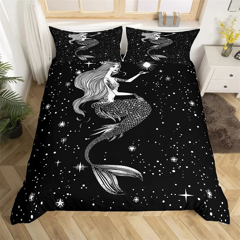 Cartoon Mermaid Duvet Cover Rainbow Fish Scales Bedding Set Queen Microfiber Fantasy Sea Animal Comforter Cover For Girls Teens