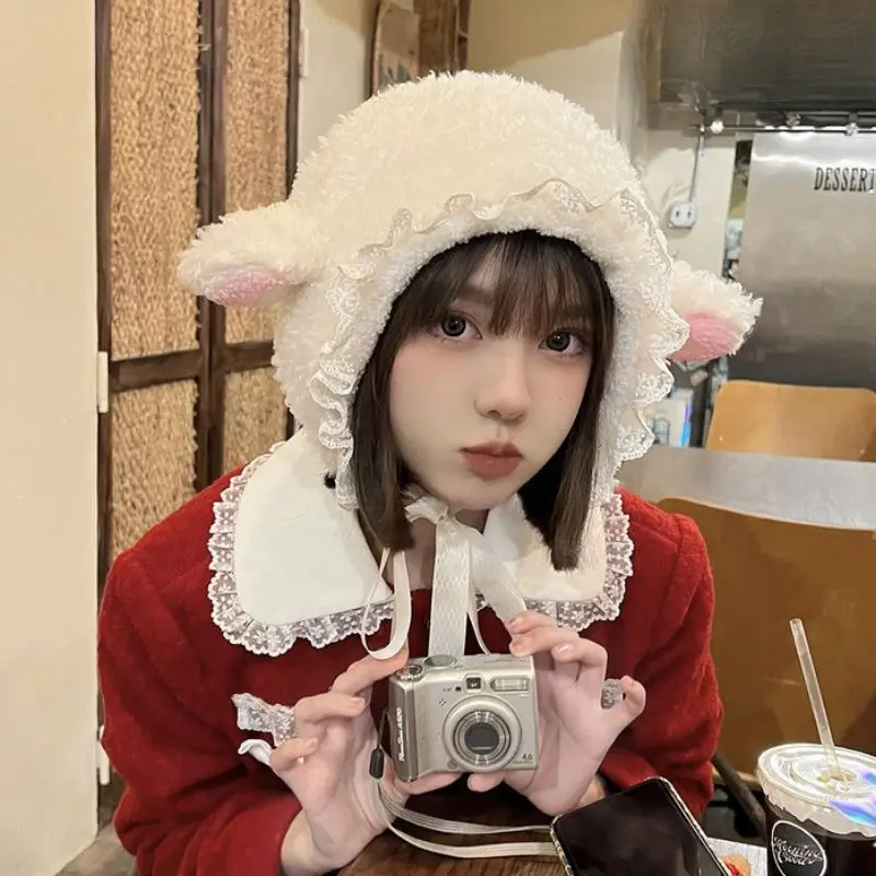 قبعات حماية أذن الأغنام اللطيفة للنساء ، صوف خروف سميك ، مضاد للبرد ، خارجي ، مقاوم للرياح ، قبعات أذن للفتيات ، دافئ ، شتوي