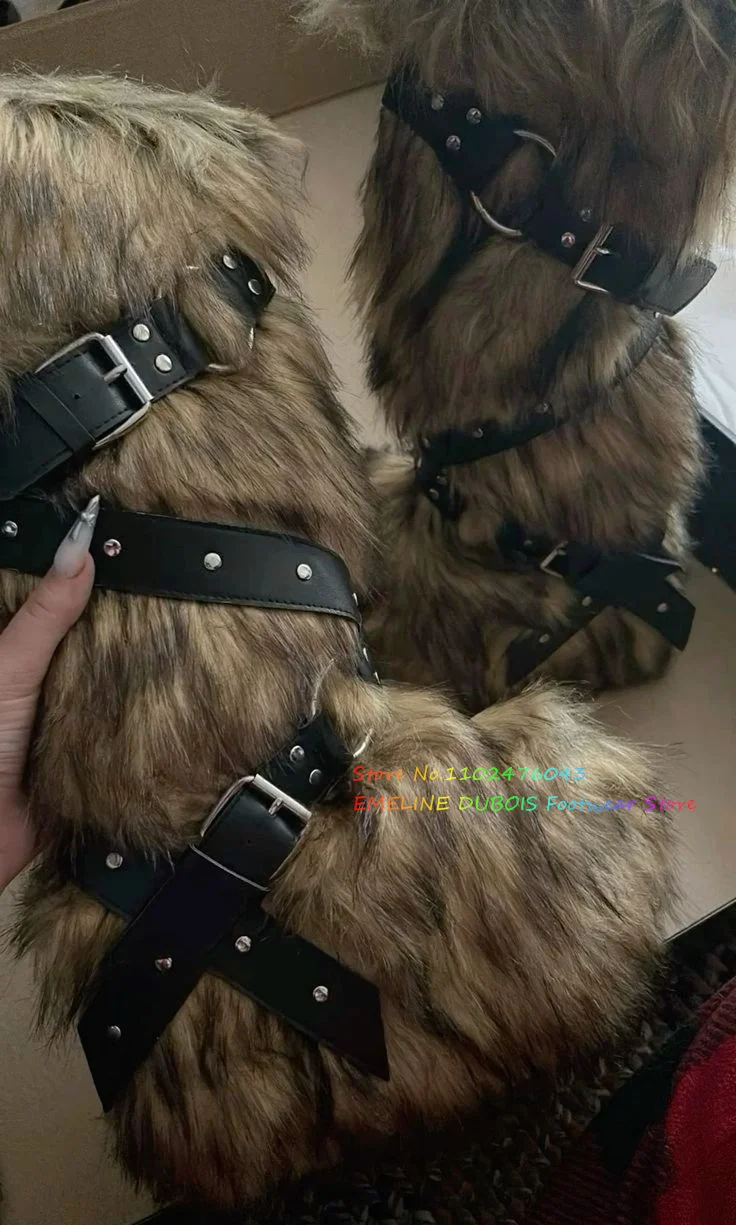 Brown Faux Fur Wedge Heel Knee High Boot Round Toe Platform Rivet Belt Buckle Straps Costumes Winterwarm Ladies Snow Boot