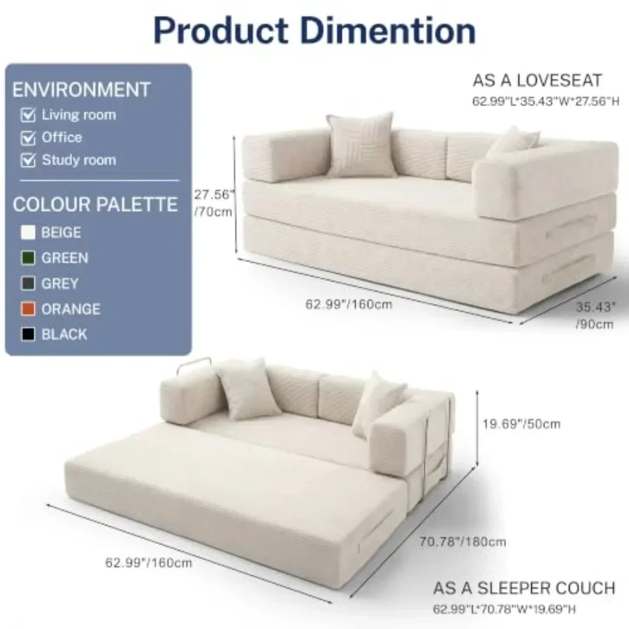 5-in-1 Convertible Sofa Bed with High-Density Memory Foam, Corduroy Upholstery, Fold-Out Sleeper Design, No Assembly Needed, Co