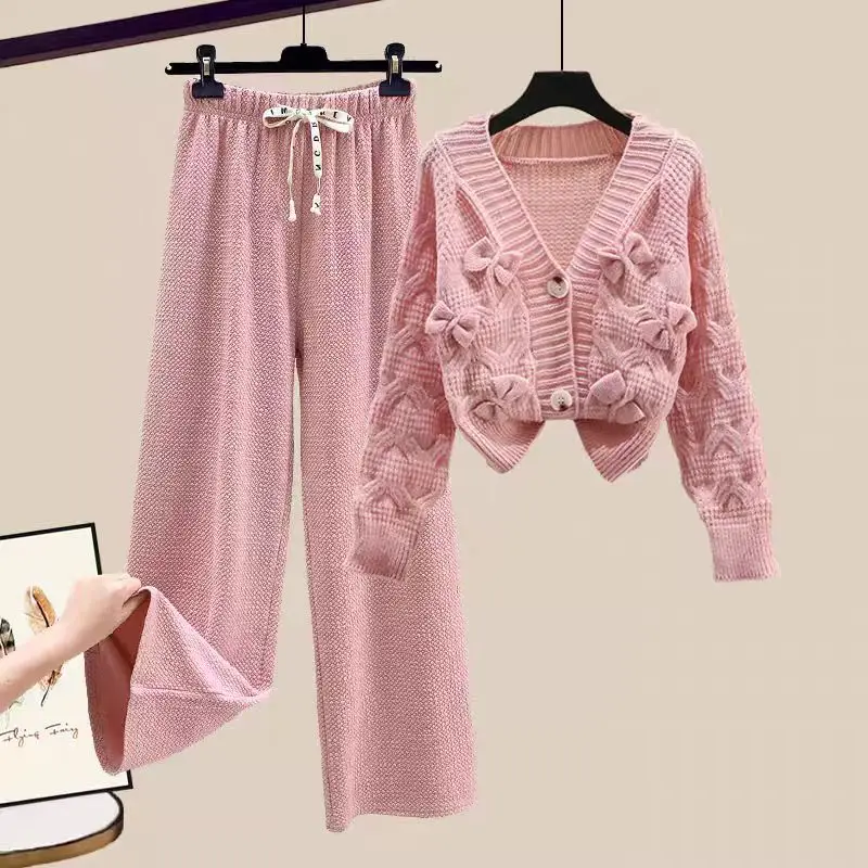 Two Piece Set For Women New In Sweater Matching Sets Korean Sweet Bow Outfit Long Sleeve Cardigan Knitwear Wide Leg Pants Set