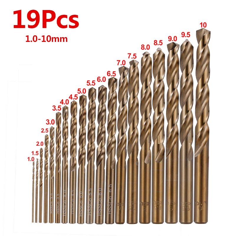 19Pcs 1-10mm M35 HSS-Co Cobalto Aço de Alta Velocidade Torção Broca Definir Buraco Abridor De Aço Inoxidável Madeira de Usinagem Alluminum