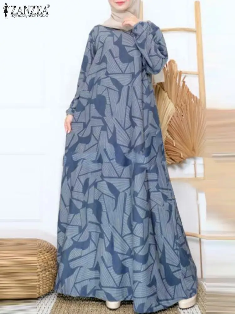 ZANZEA Muslim Fashion Long Sleeve Abaya Maxi Dress Elegant Women Printing O Neck A-line Vestidos Casual Loose Long Robes Kaftan