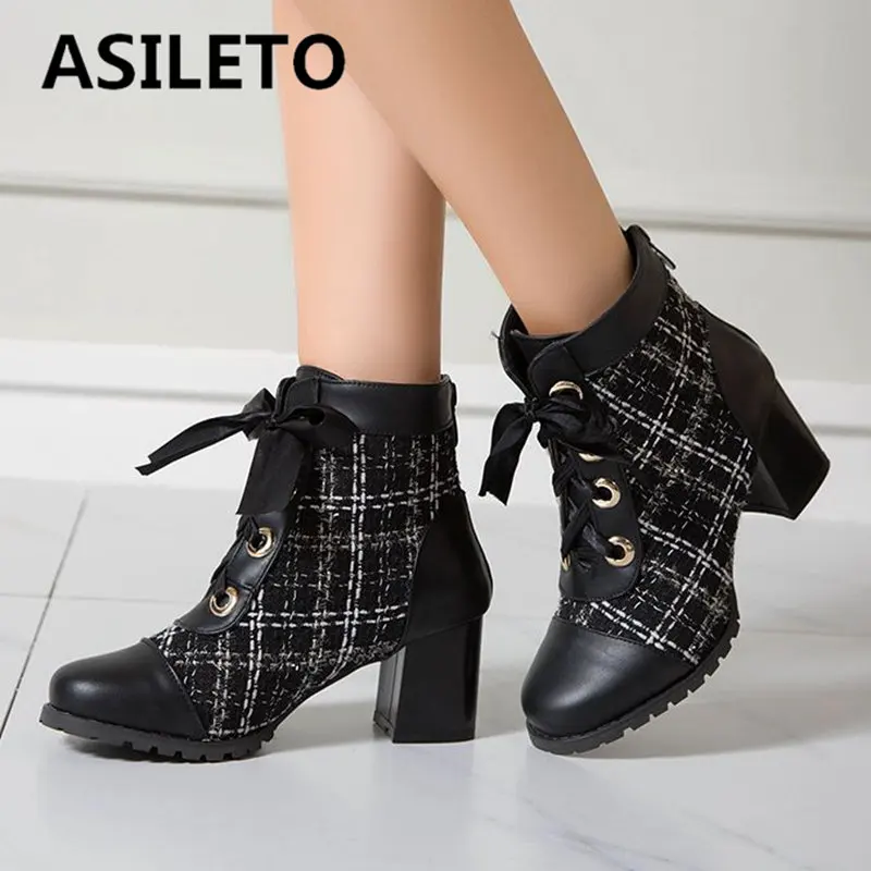 ASILETO Fashion Women Ankle Boots Round Toe Block Heels 6.5cm zipper Lace Up Splice Plus Size 45 46 Elegant Daily Mixed Bota