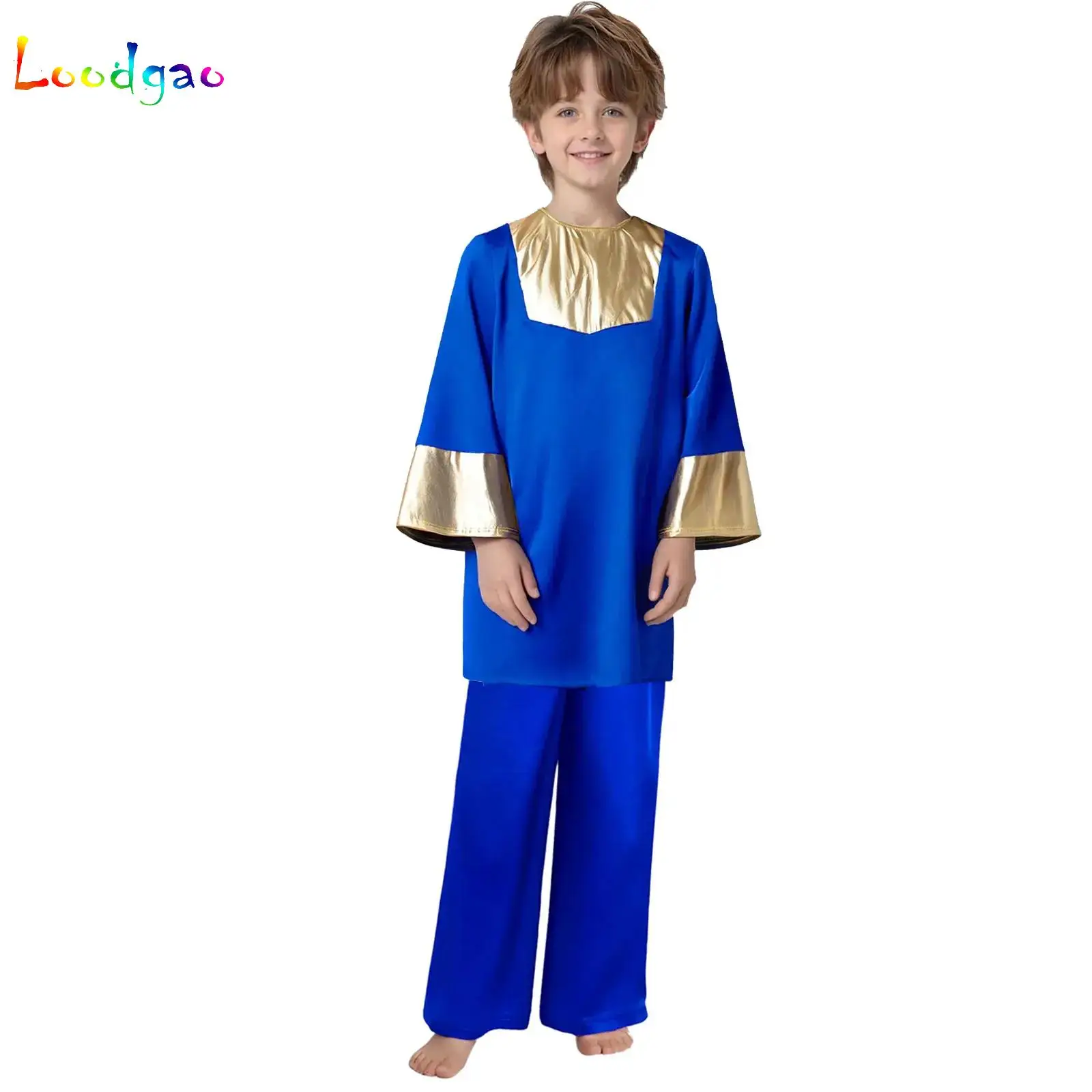 Boys Liturgical Praise Dance Clothes Set Kids Girls Church Worship Choir Performance Robe with Wide-Leg Pants Lyrical Dancewear