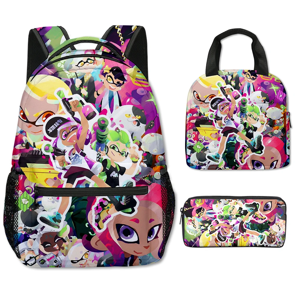 

Cartoon Novelty Fashion Cool Splatoon 3 3D Printed 3pcs/Set Student School Bags Laptop Backpack portable Lunch bag Pencil Case