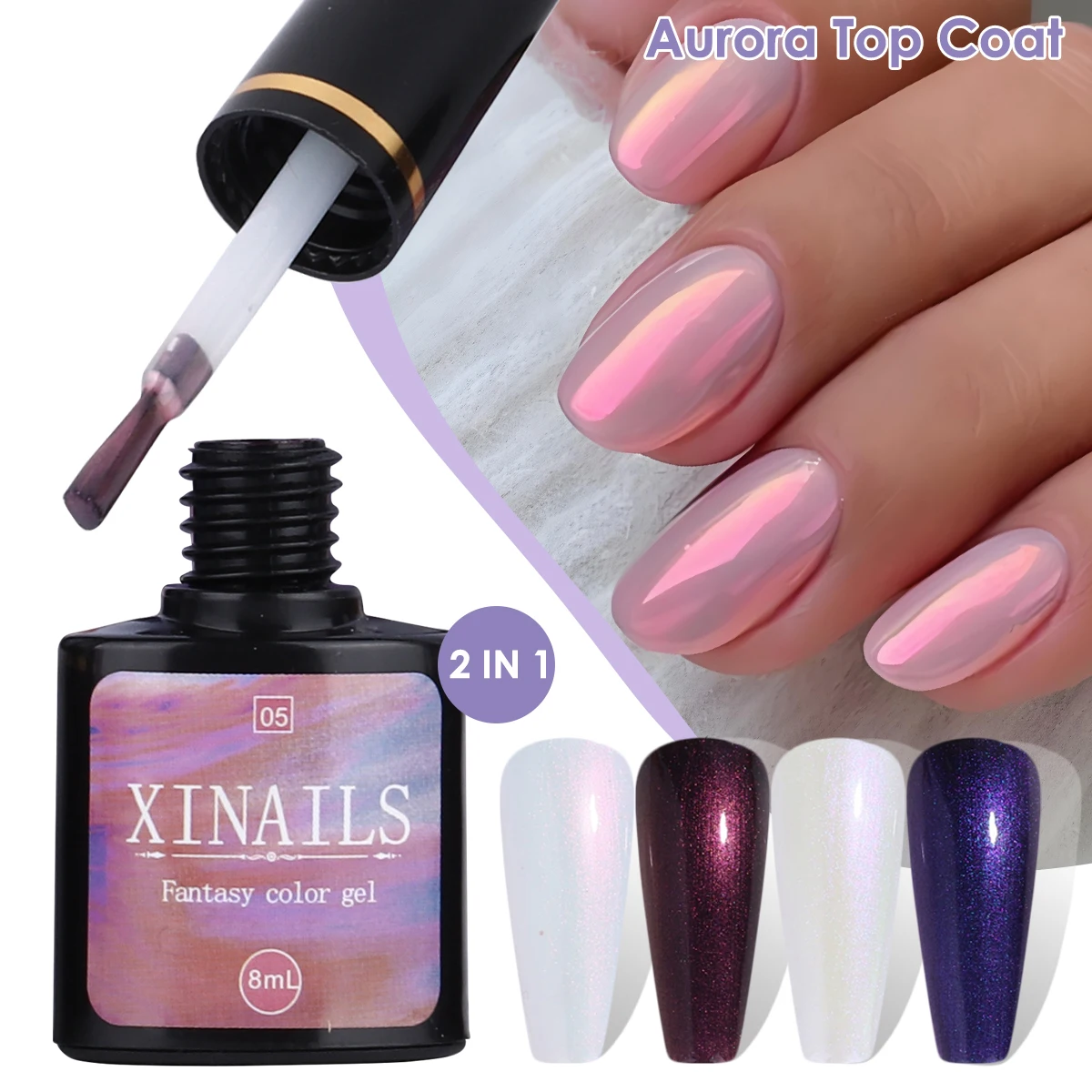 2 In 1 Iridescent Aurora Gel Nail Polish Shimmer Mermaid Soak Off Lacquer Sparkly Pearl UV Top Coat Manicure Varnish Decoration