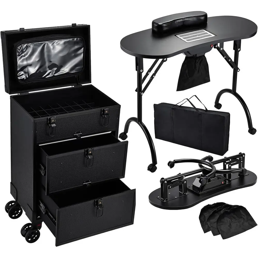 

Portable Makeup Train Case with Dual Large Drawers, Nail Kit, Foldable Table, Electric Dust Removal, Mobile Stylist Manicure Sta