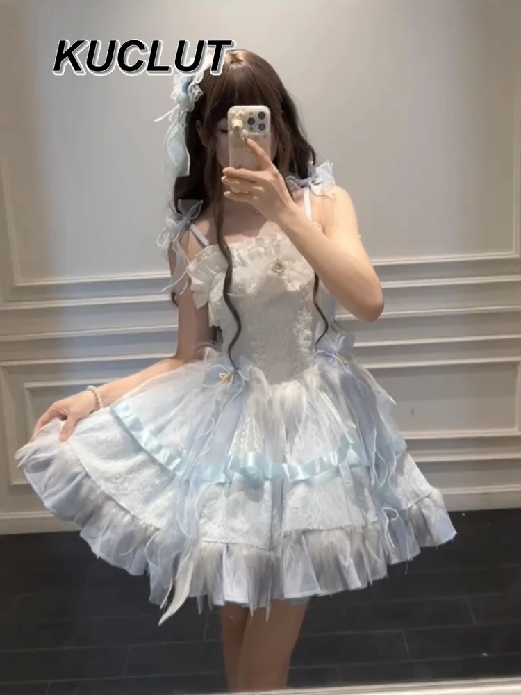 

Elegant and Sweet Ballet Blue White Lolita Suspender Dresses Cute Summer Lolita Style Fluffy Princess Dress for Lady Fashion