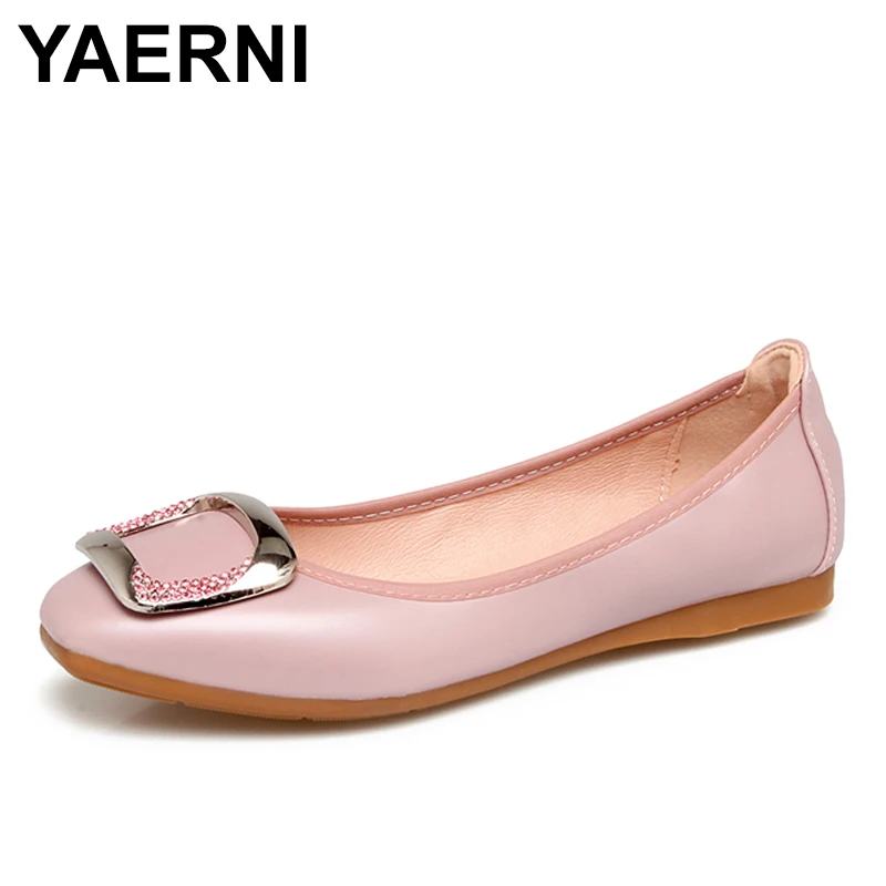 YAERNI  Hot Good Quality PU Leather Shoes Woman Fashion Buckle Loafers Foldable Women Flats Ballet  Casual Flat Shoes E737