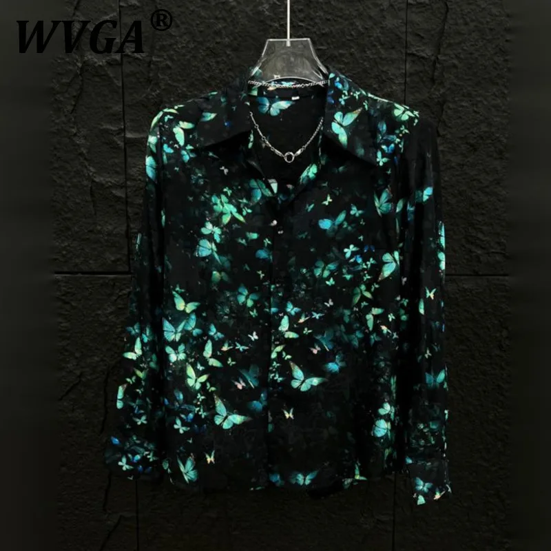 

WVGA Spring Summer New Men's High Street Hollow Out Butterfly Printed Chiffon Long Sleeve Shirts Niche Trendy Casual Shirt W9266