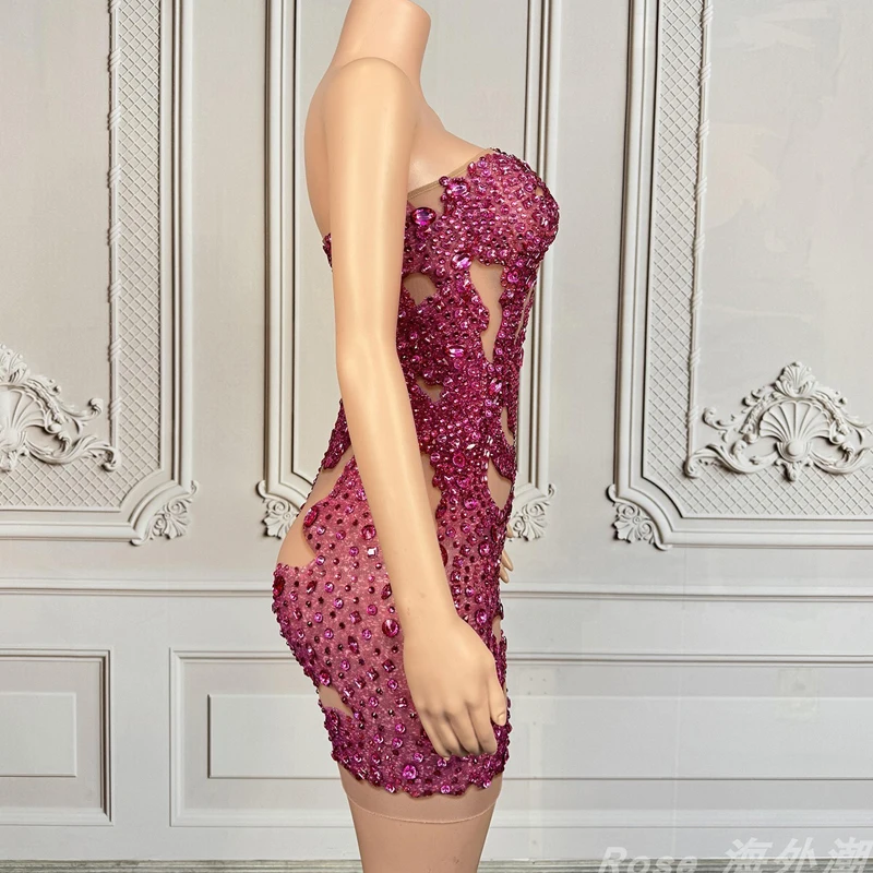 Vestido de fiesta rosa con diamantes de imitación para mujer, traje de actuación para celebración, club nocturno, Bar, Festival, vestido de noche, ropa de escenario XS10283