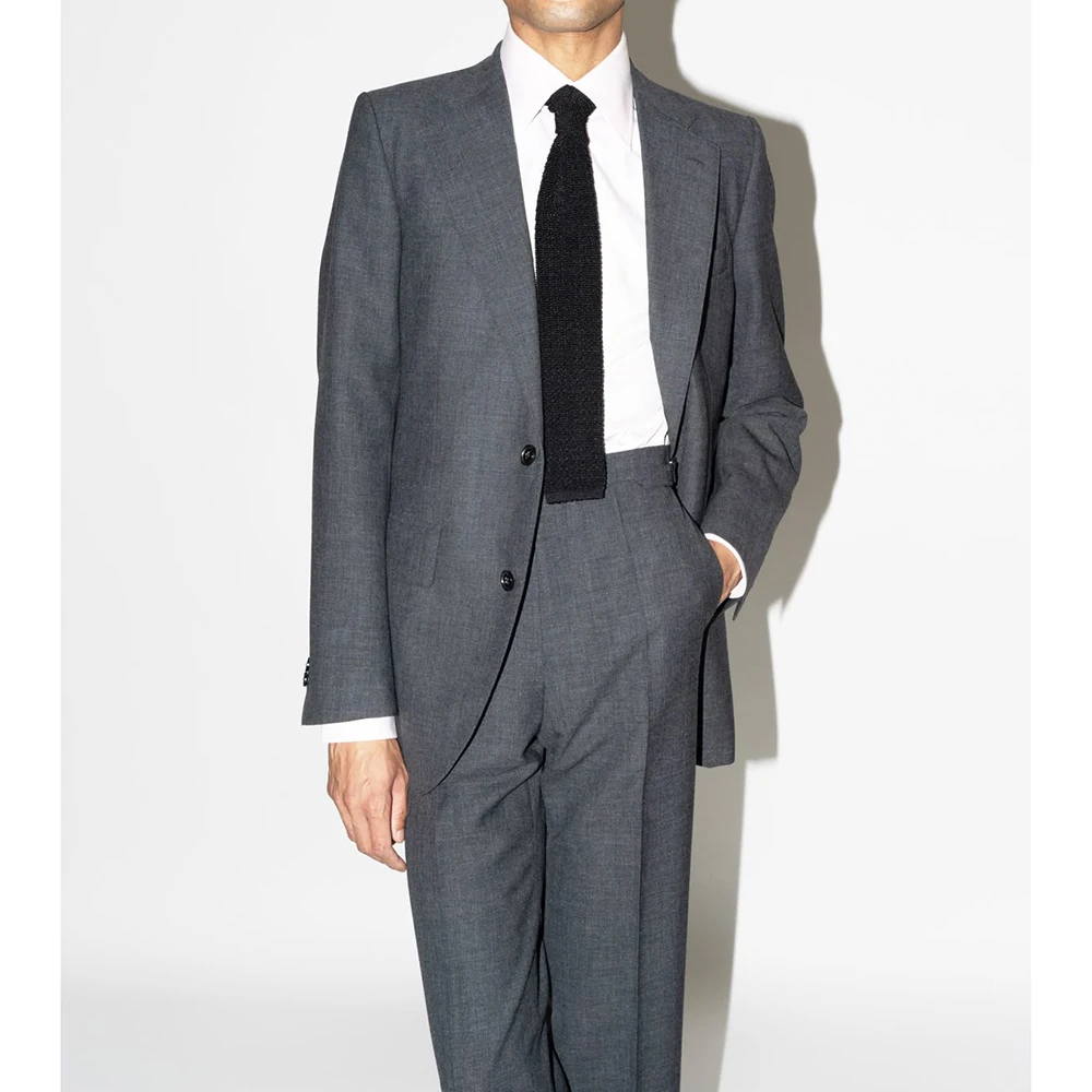Dark Gray Simple Casual Men Single-Breasted Suit 2 Piece Jacket Pant Set Notch Lapel Loose Fit Office Buisness Male Clothing