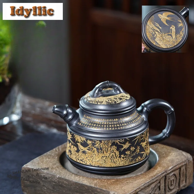 

690ml Yixing Purple Clay Teapots Handmade Bamboo Pot Raw Ore Stone Yellow Mud Tea Brewing Kettle Zisha Tea Set Tea Services Gift