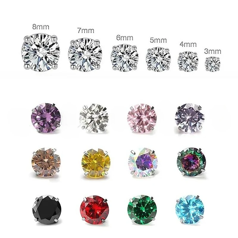 G23 Titanium Piercing Stud Earrings Cartilage Helix Round Cut 4 Prong Setting Colorful Vivid Hue Minimalist Jewelry Ornaments