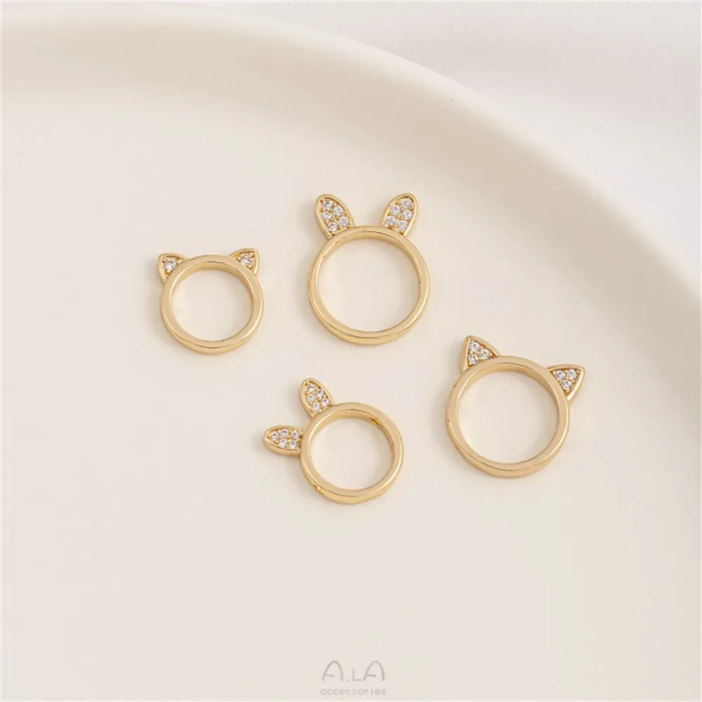1pcs 10/12mm14K Gold Plating Zirkonium Kat Hoofd Set Konijn Oor Kraal Ring Handgemaakte DIY Armband sieraden Accessoires