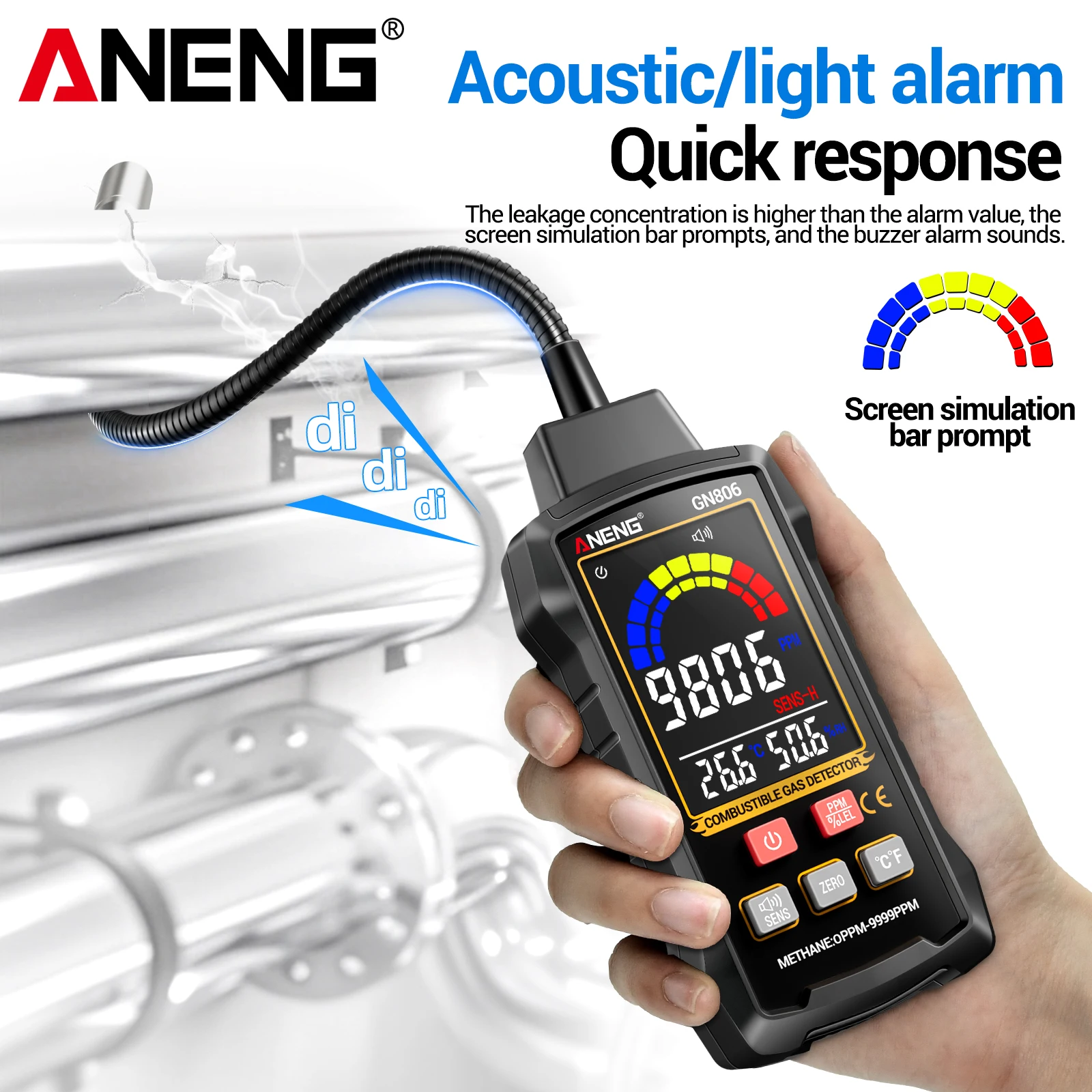 

Детектор горючих газов ANENG GN806 с многоуровневой чувствительностью, звуковой и световой сигнализацией, устройство для обнаружения утечек газа в быту