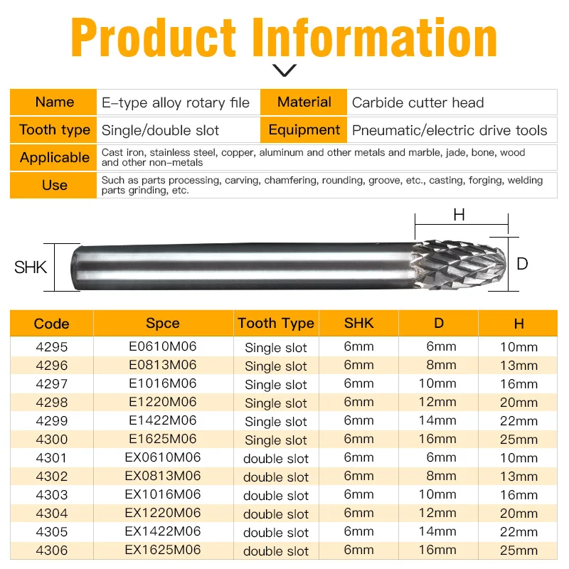 LIDIAO Punta per fresa in carburo di tungsteno 1pc 6mm Gambo Rotary File Utensili elettrici Die Grinder Metallo Intaglio del legno Punta da trapano