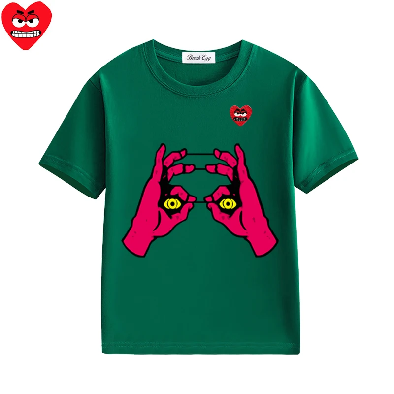 Hand Print Boy Girl T-shirt Cotton Cartoon Snag Heart Embroidery O-neck Short-sleeved Kid Straight Summer T-shirt