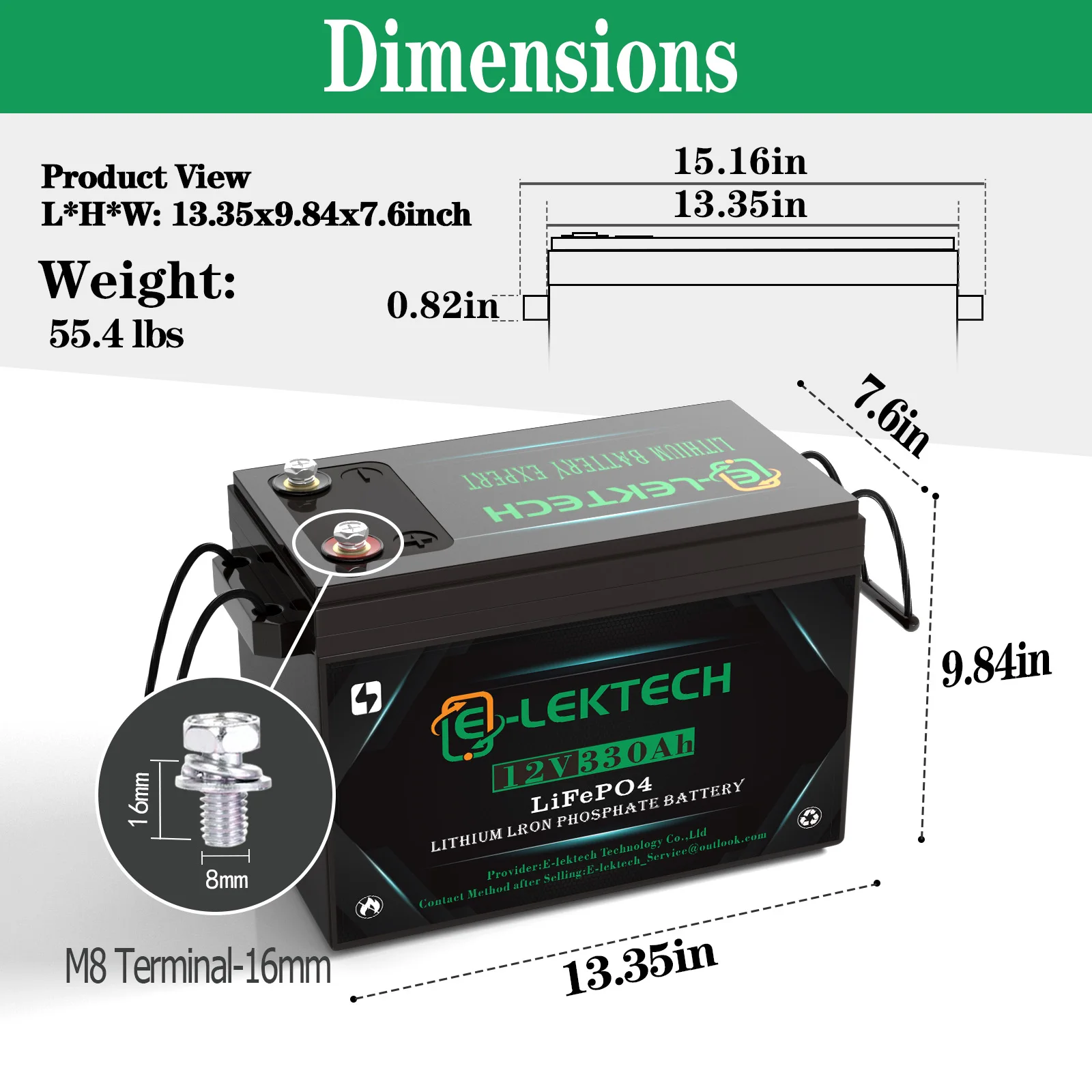 E-LEKTECH 12V 330Ah LiFePO4 Battery, Built-in 200A BMS, 4224Wh Energy, Grade A Cells Deep Cycle Lithium Iron Phosphate Battery for Solar System, RV, Marine Boat, Golf Cart, Off-Grid