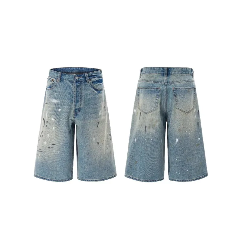 Unisex American Retro Graffiti Spray 7/8 Jeans Vintage Streetwear Oversized Denim Shorts Summer Casual Distressed Capri Pants