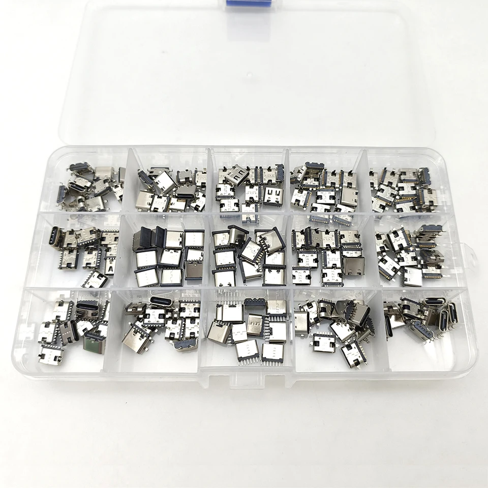 Caja de 150 piezas de conectores de carga tipo C USB, puertos de carga de 6 pines y 16 pines para reparación de teléfonos y productos digitales 4